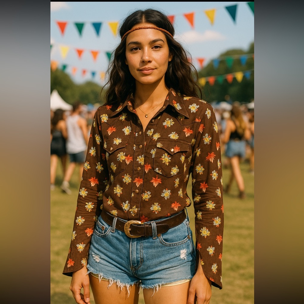 Rare 70s Women’s Brown Floral Western Shirt Copper Pearl Snaps Boho - Picture 1 of 11